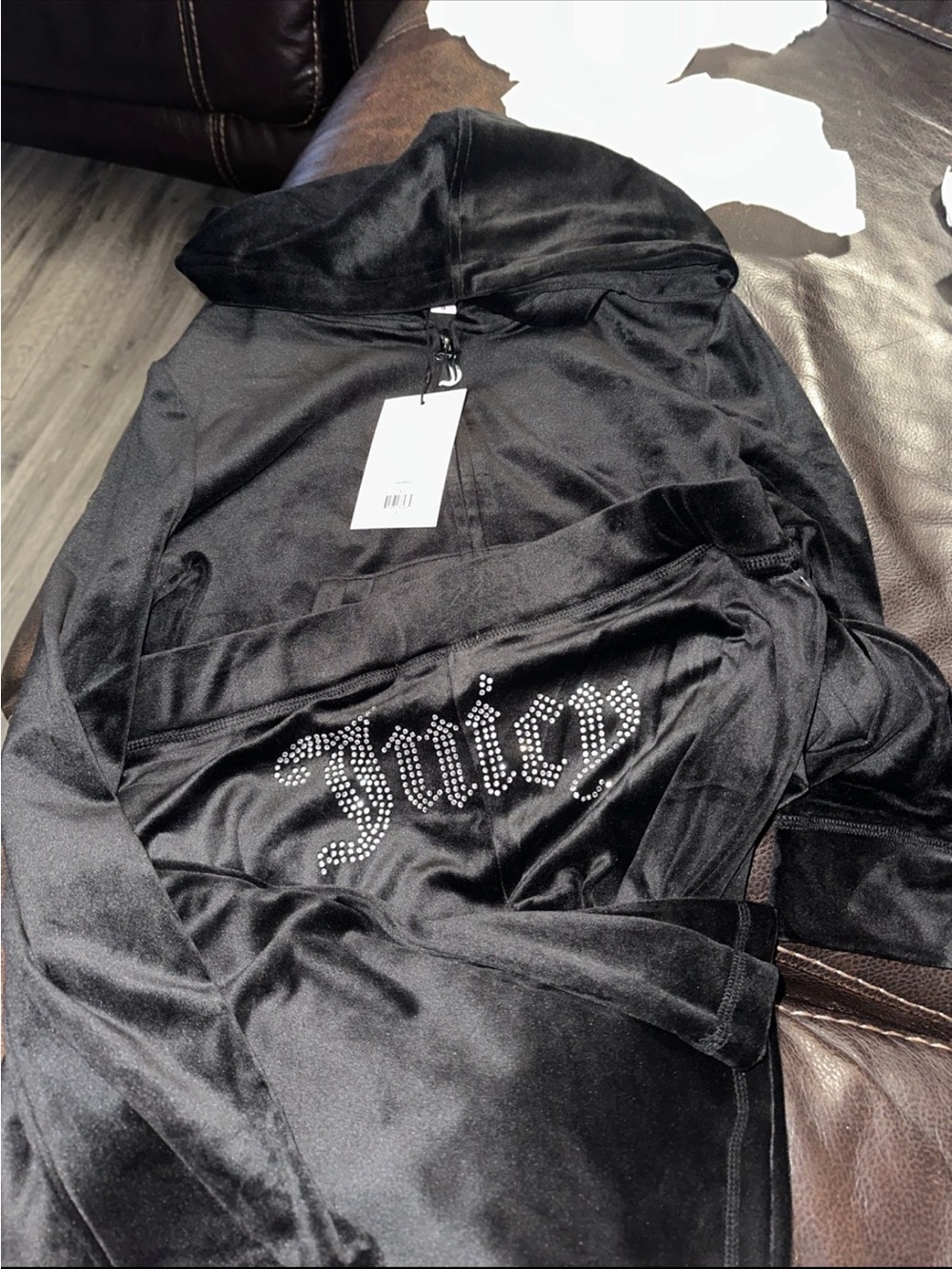 Juicy Couture Black Velour Hoodie Jacket with Rhinestone Script